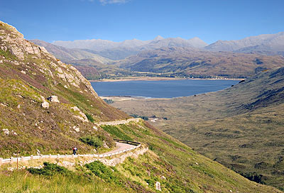 Looking down the pass on the Ise of Skye side of the crossing with the mountains of Glenelg in the distance